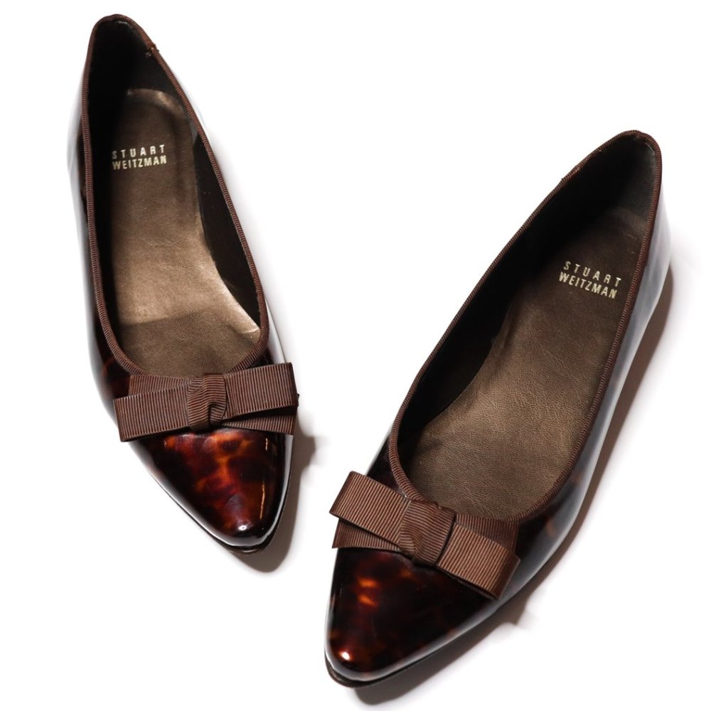 Stuart Weitzman Brown Tortoiseshell Pointed Toe Flats with Bow